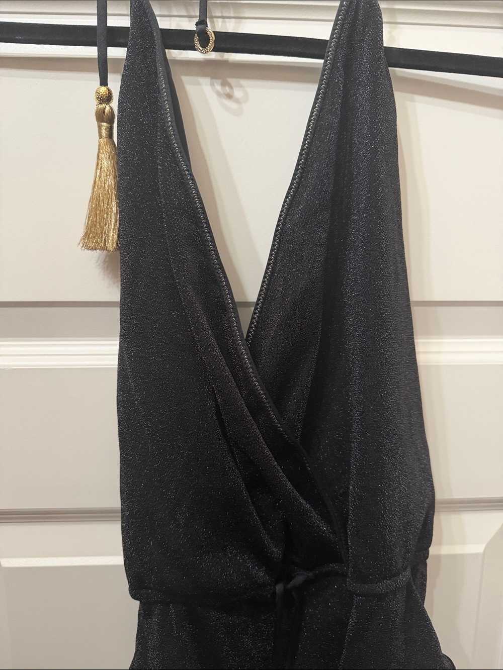 Black Halter One-Piece Swimsuit with Tassel Accents - Picture 3 of 4